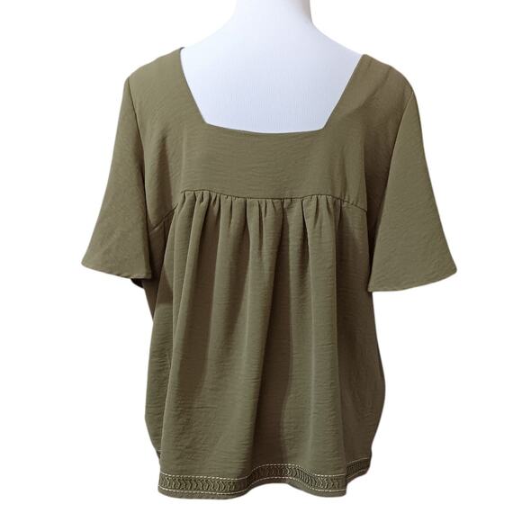 BOBEAU‎ Peasant Flowy Blouse Top Embroidered Square Neck Gathers Size XL Green - Picture 3 of 11